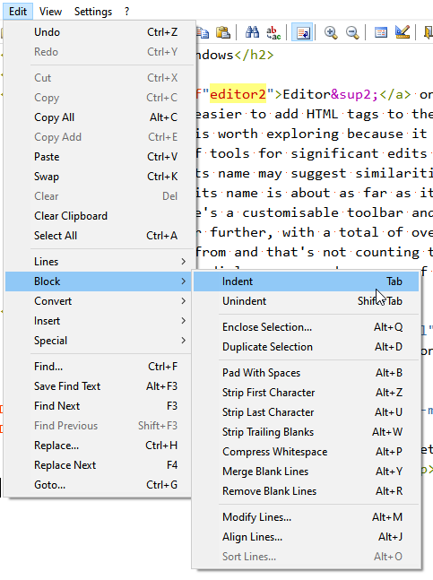 Notepad2 Edit Menu
