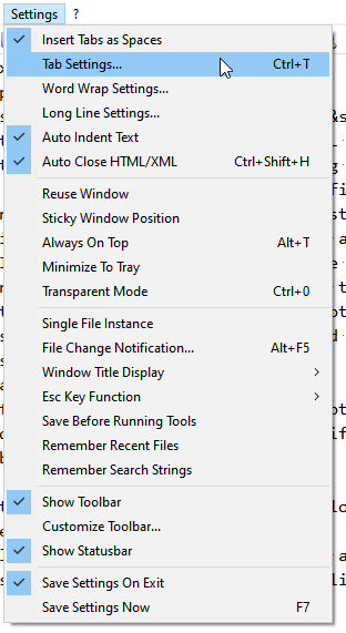 Notepad2 settings menu