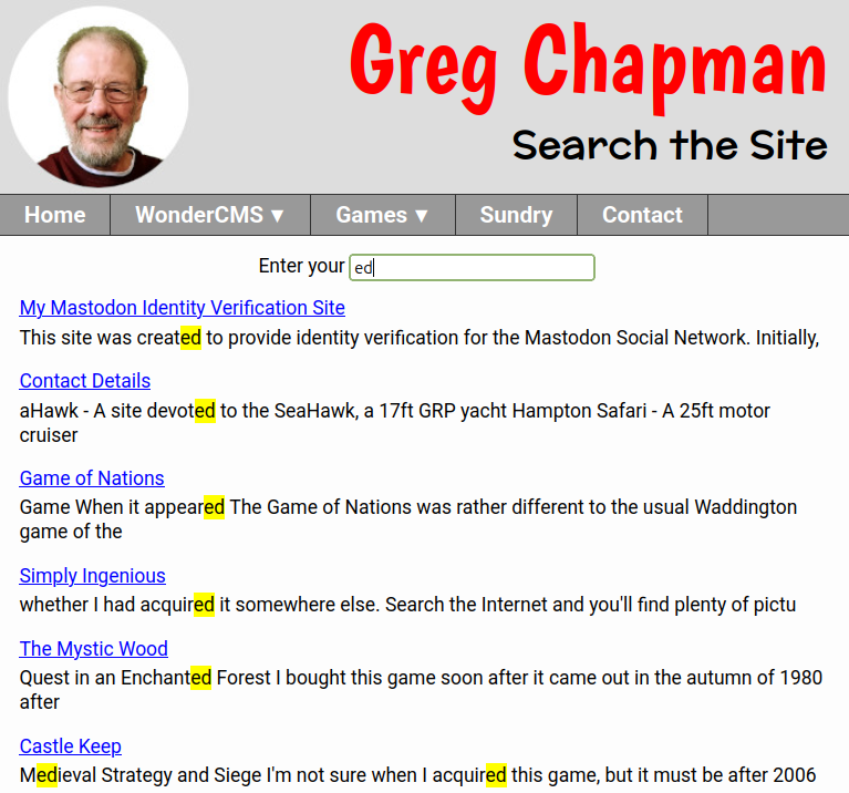 search results via the built-in code